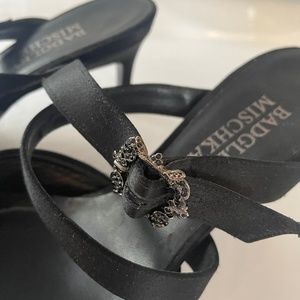 Black satin evening strap shoes. Heels.